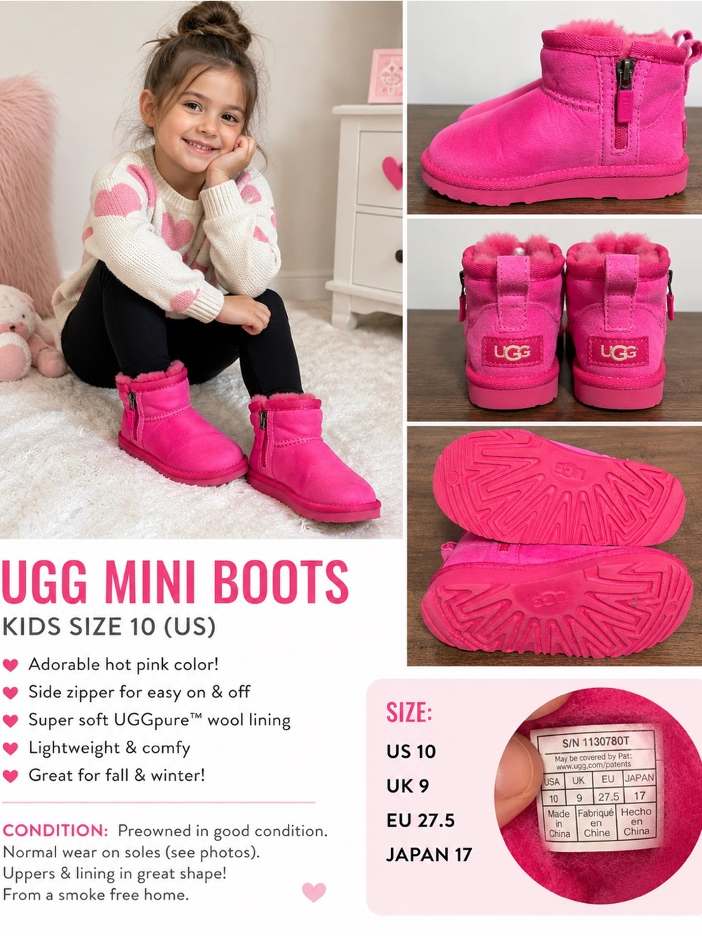 UGG Kids Hot Pink Mini Ankle Boots Side Zip Size 10